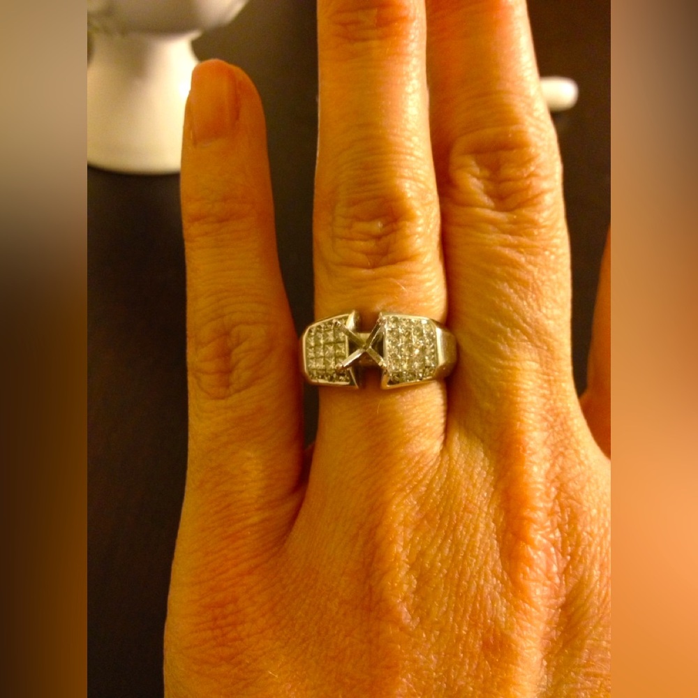 💎 1.75 Carat Princess Cut Semi-Mount w/Round Center Stone Ring 14K White Gold
